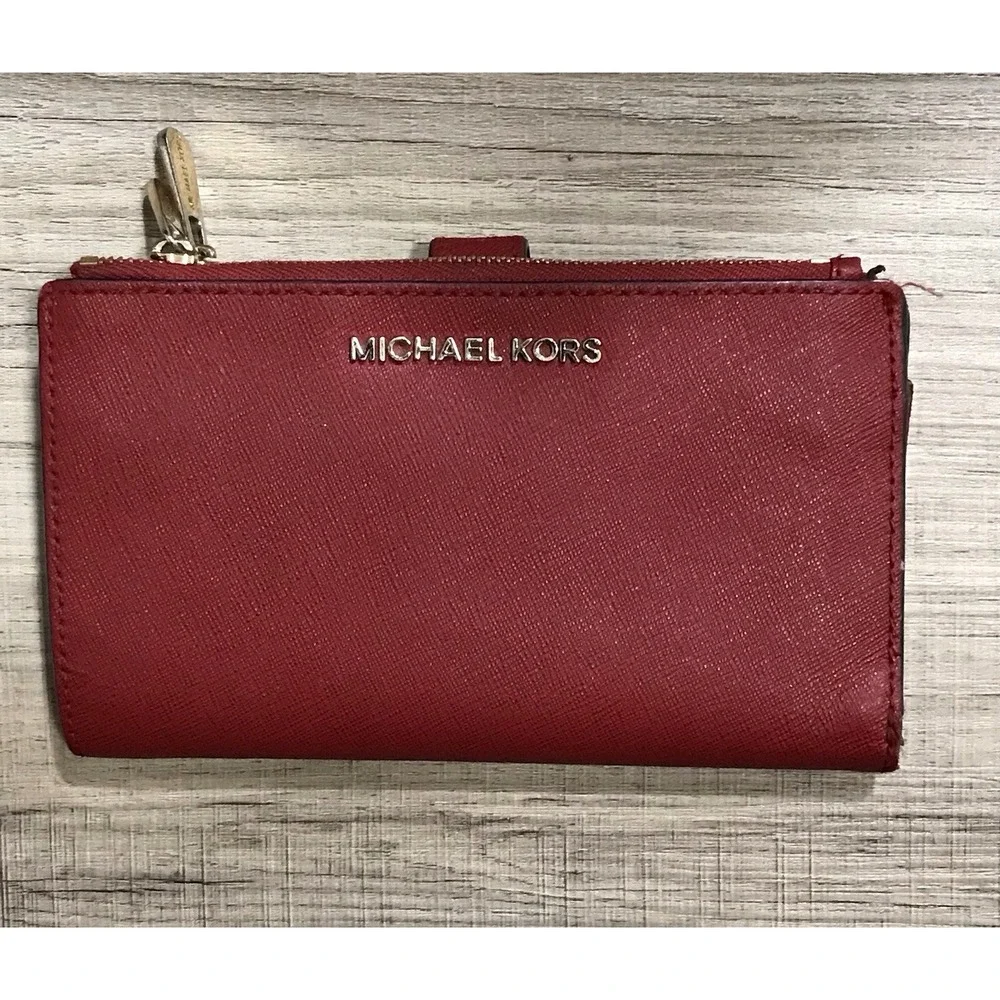 Michael Kors Women's Burgundy Wallet Gold Hardware Logo Zipper Accent